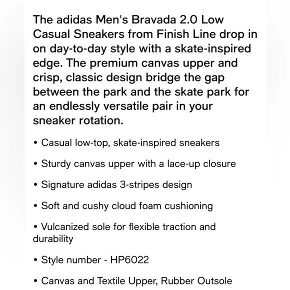 NWOT - adidas, Men's Bravada 2.0 Low Casual Sneakers from Finish Line, Size 8 - Picture 2 of 14